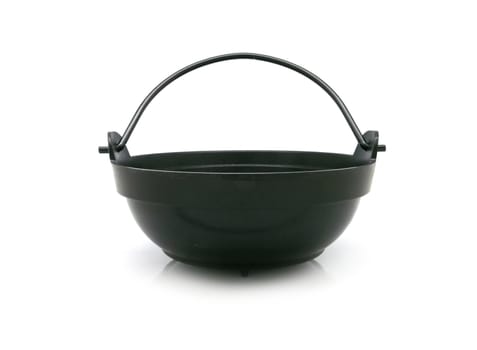 black metal handle bowl with wooden tray on white background