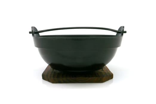 black metal handle bowl with wooden tray on white background