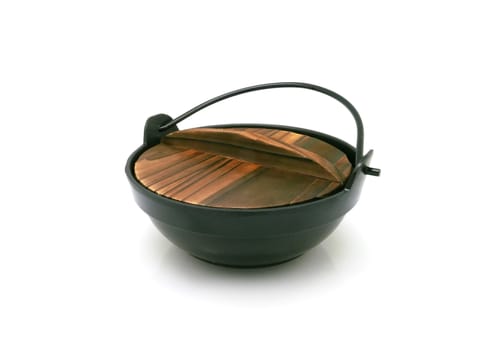 black metal handle bowl with wooden tray on white background