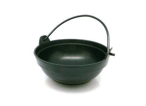 black metal handle bowl with wooden tray on white background