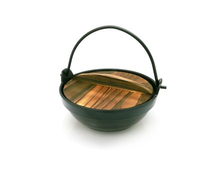 black metal handle bowl with wooden tray on white background