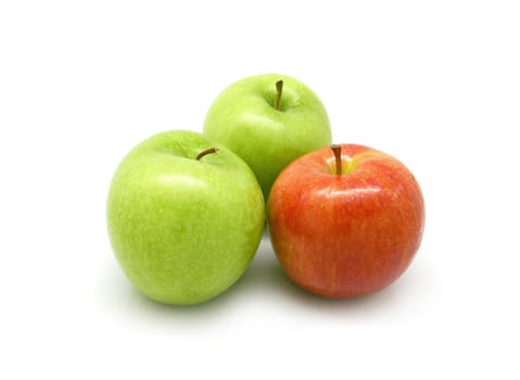 Two green apples and one red apple on white background