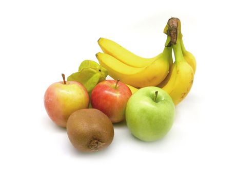 bananas, green, red apple, carambola, kiwi fruits on white background