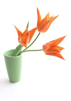 Three orange flowers in green vase