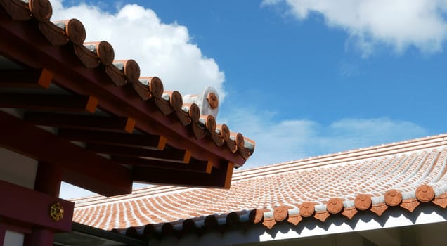 Old Japan temple tile roof in day time