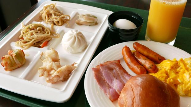 hotel breakfast buffet on the tray