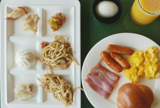 hotel breakfast buffet on the tray