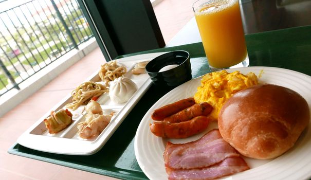 hotel breakfast buffet on the tray