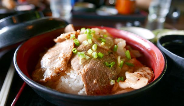 Japanese meal set pork rice on the tray