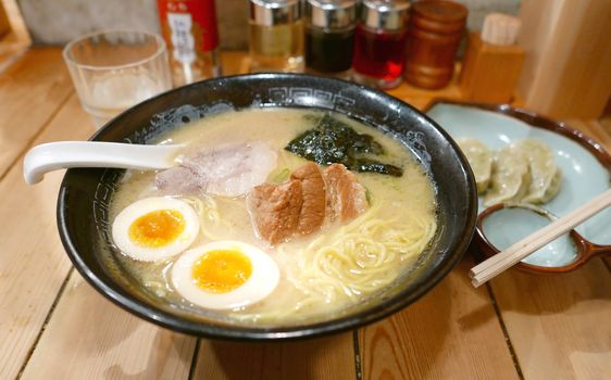 Japanese ramen noodles on the wooden table in Japanese restaurant