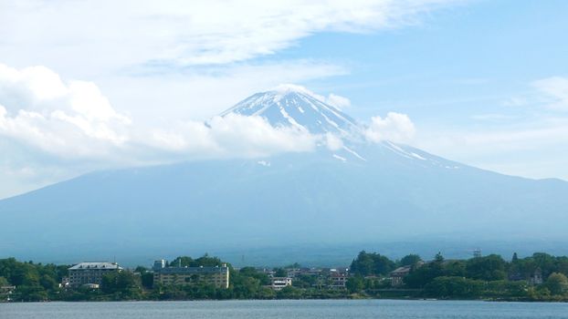 Japan Mt. Fuji Fujiyama Mountain, lake and blue sky with nice clouds