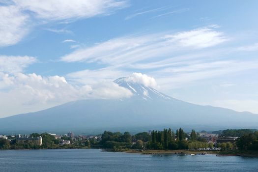 Japan Mt. Fuji Fujiyama Mountain, lake and blue sky with nice clouds