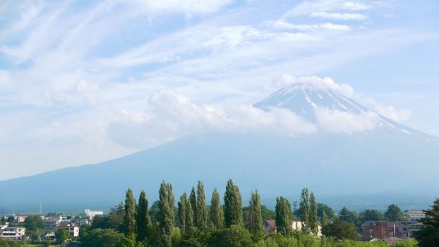 Japan Mt. Fuji Fujiyama Mountain, lake and blue sky with nice clouds