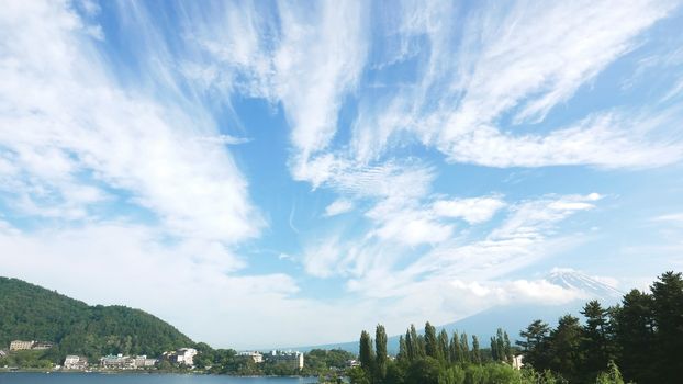 Japan Mt. Fuji Fujiyama Mountain, lake and blue sky with nice clouds