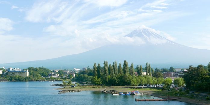 Japan Mt. Fuji Fujiyama Mountain, lake and blue sky with nice clouds