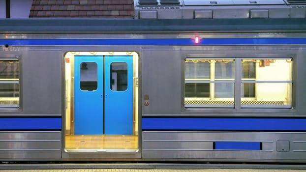 Japan train and station in side view  at night
