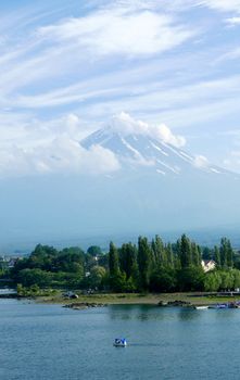 Japan Mt. Fuji Fujiyama Mountain, lake and blue sky with nice clouds