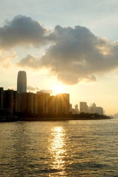 Hong Kong Victoria River and buildings at sunset