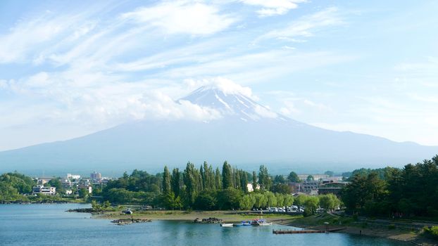 Japan Mt. Fuji Fujiyama Mountain, lake and blue sky with nice clouds