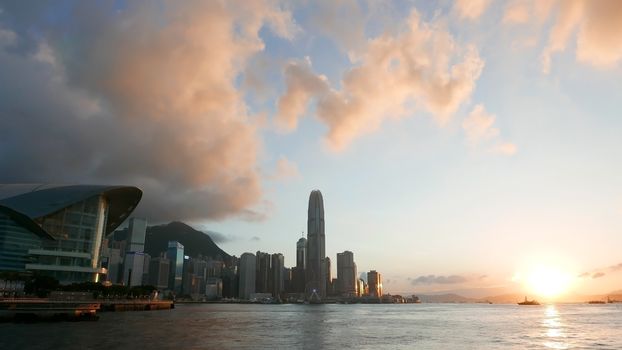 Hong Kong Victoria River and buildings at sunset