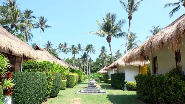 Yellow resort houses and palm trees in tropical island in afternoon