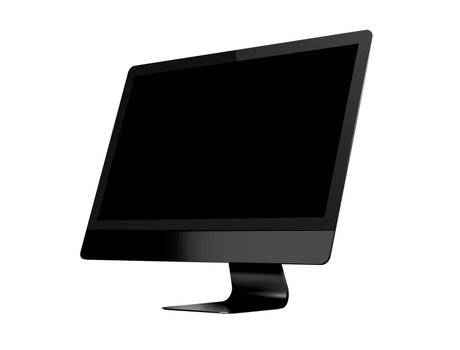Isolated dark grey professional computer and black blank screen on white background side view