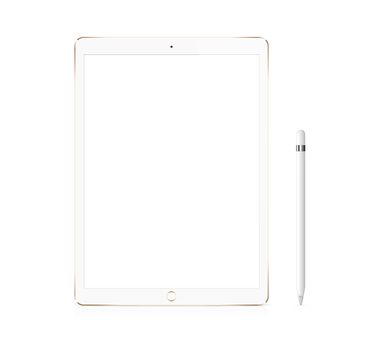 The gold and white portable tablet device with stylus pen