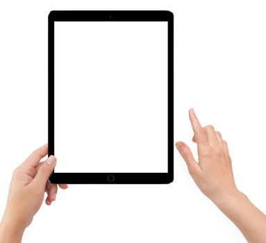 Isolated human left hand holding blacktablet computer which screen mockup on white background