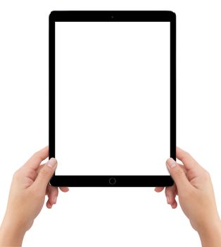 Isolated human two hands holding blacktablet computer which screen mockup on white background