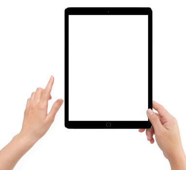 Isolated human left hand holding blacktablet computer which screen mockup on white background