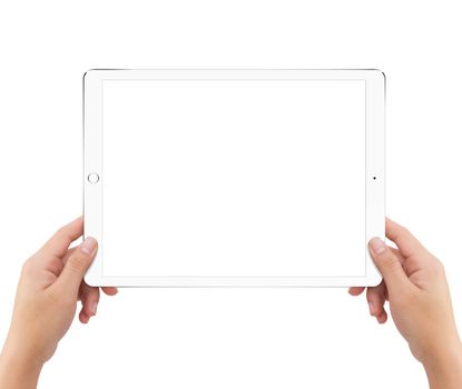 Isolated human two hands holding white tablet computer white screen mockup on white background