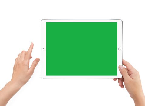 Isolated human right hand holding white tablet computer green screen mockup on white background