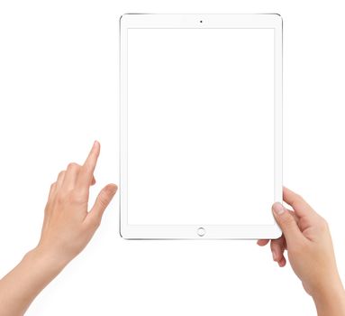 Isolated human right hand holding white tablet computer which screen mockup on white background
