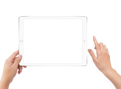 Isolated human left hand holding white tablet computer white screen mockup on white background