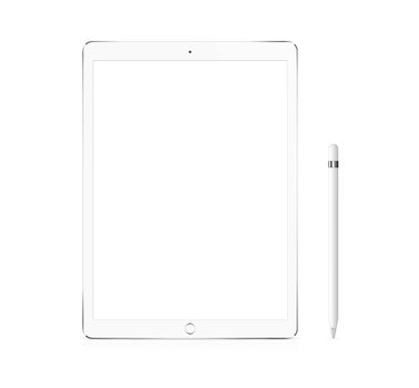 Silver Apple iPad Pro portable device mockup with pencil