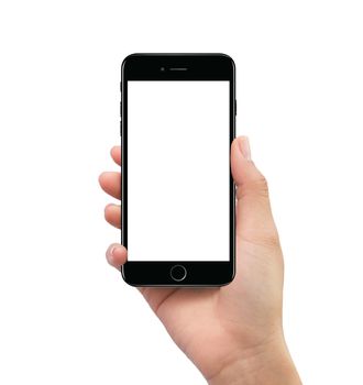 Isolated human hand holding black mobile smart phone mockup on white background