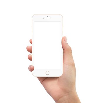 Isolated human hand holding white mobile smart phone mockup on white background