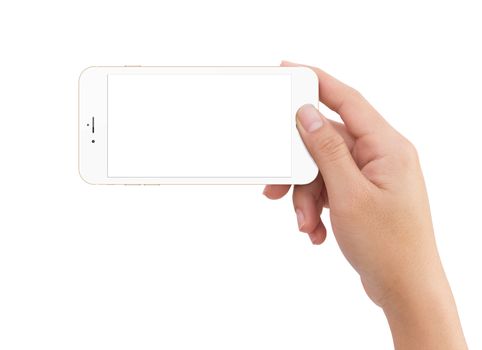Isolated human right hand holding white mobile smart phone mockup on white background