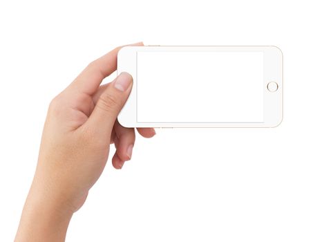 Isolated human left hand holding white mobile smart phone mockup on white background