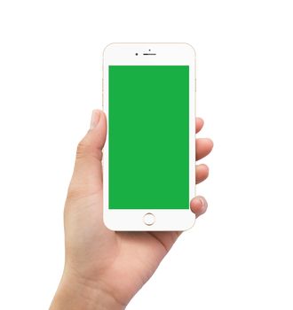 Isolated human left hand holding green screen white mobile smart phone mockup on white background