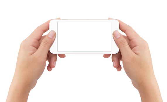 Isolated human two hands holding white mobile smart phone mockup on white background