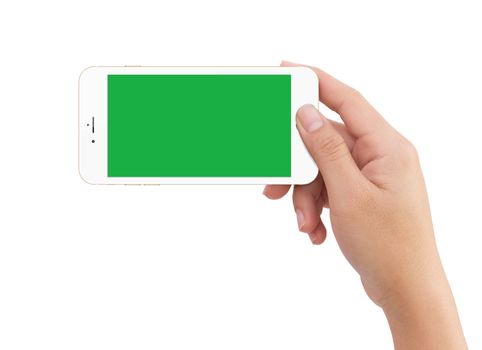 Isolated human right hand holding green screen white mobile smart phone mockup on white background
