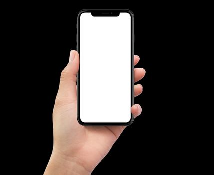 Isolated Isolated human left hand holding black mobile smartphone on white background