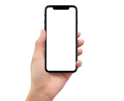 Isolated Isolated human left hand holding black mobile smartphone on white background