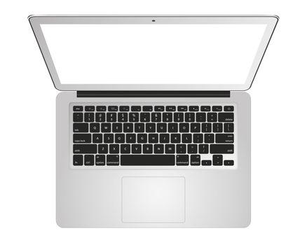 Isolated silver notebook computer mockup from top angle on white background