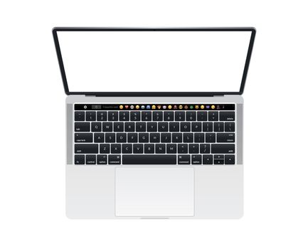 The isolated silver laptop computer with keyboard mockup on white background with touch bar emoji icon