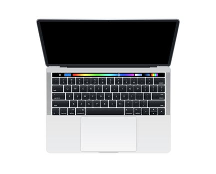 Isolated Isolated silver laptop computer with touch bar and keyboard on white background