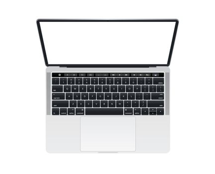 The isolated silver laptop computer with keyboard mockup on white background with touch bar music key