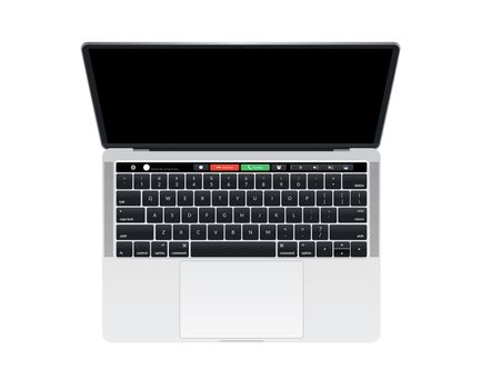 Isolated Isolated silver laptop computer with touch bar and keyboard on white background