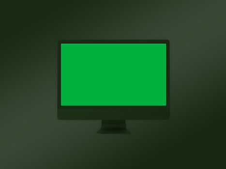 The dark green computer monitor mockup template with green screen for video production